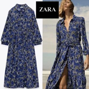 Zara Cotton Midi Shirt Dress XXL Blue White collared Belt Front Button